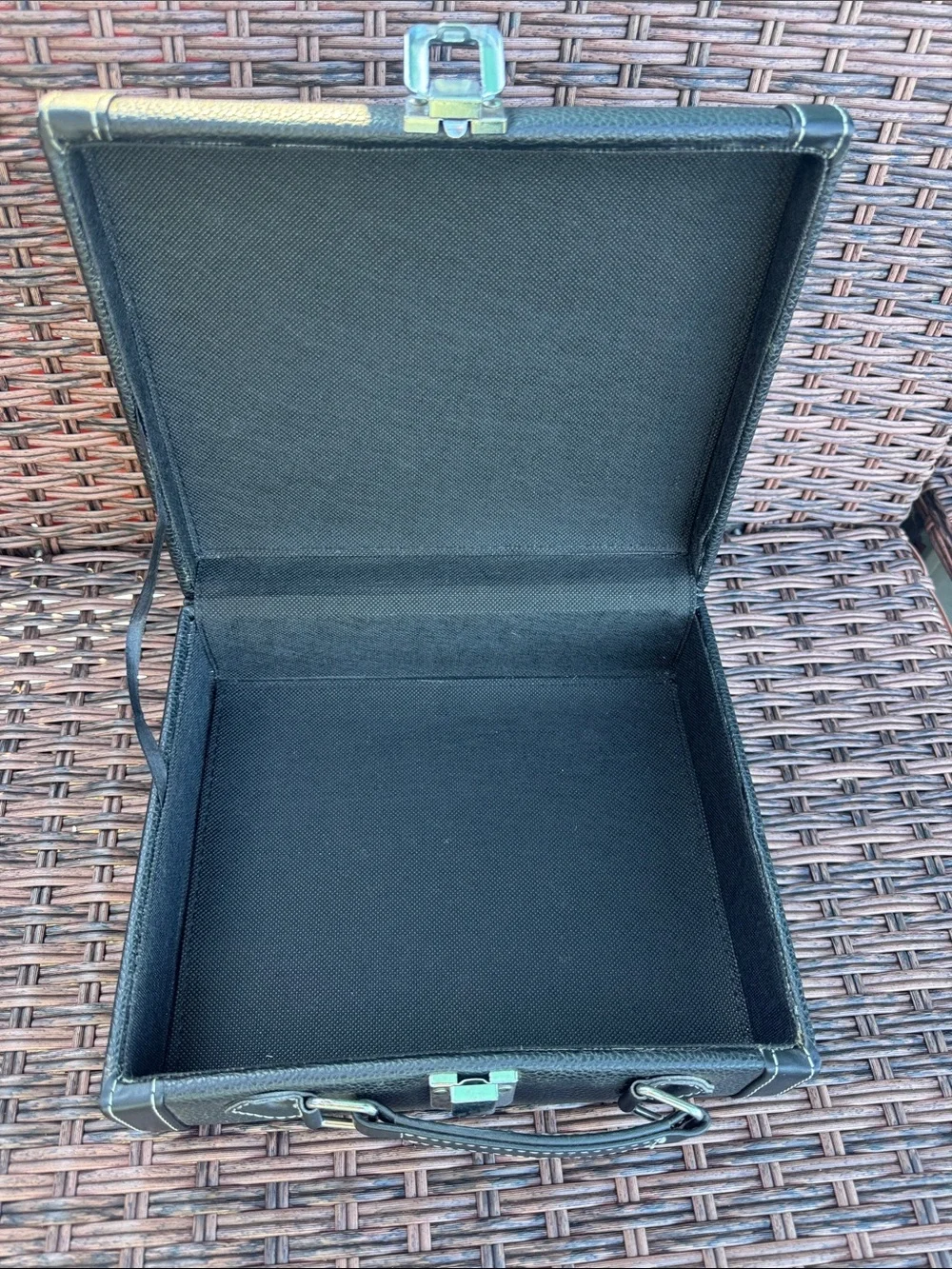 Compact Black Faux Leather Train Case with Top Handle for storage